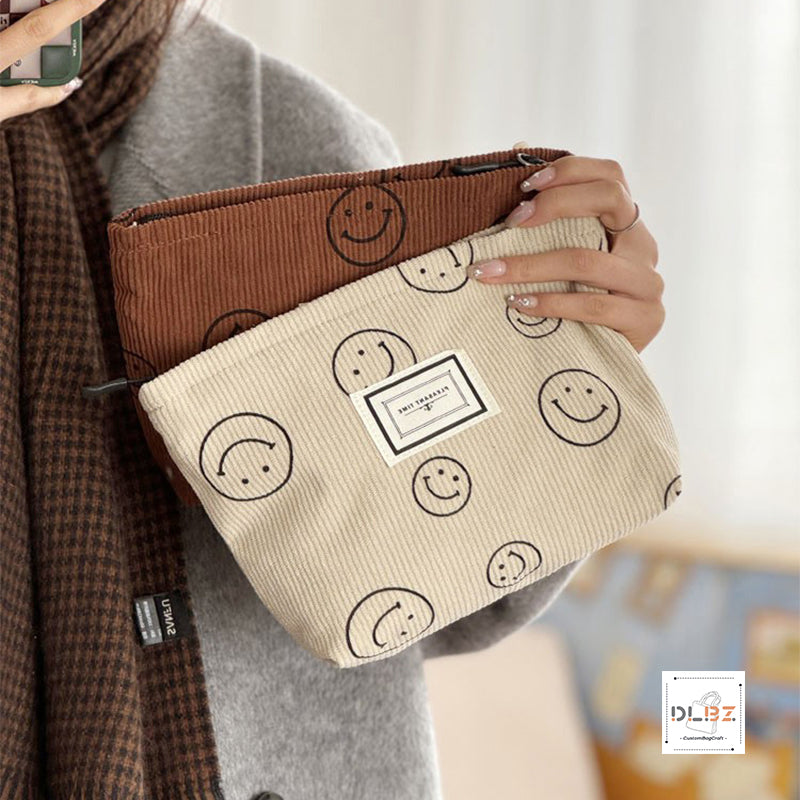 Cute Smiley Face Retro Minimalist Corduroy Cosmetic Bag, Portable Handheld Bag, Storage Pouch