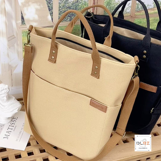 Thickened Canvas Tote Bag with Zipper, Square Shape, Can Be Worn Crossbody, Casual and Artistic