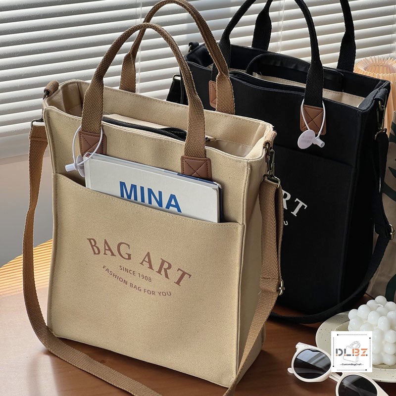 Canvas Aesthetic Tote Bag with Zipper, Outer Pocket, Top Zipper Closure