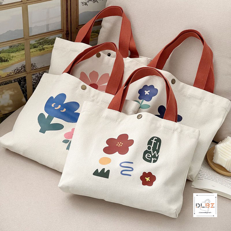 Aesthetic Cute Hand-painted Flower Canvas Handbag With Button And Inner Pocket