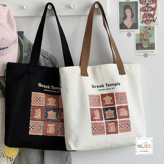 Aesthetic Vintage Canvas Tote Bag with Zipper, Shoulder Bag for Shopping, Grocery, School, Gym