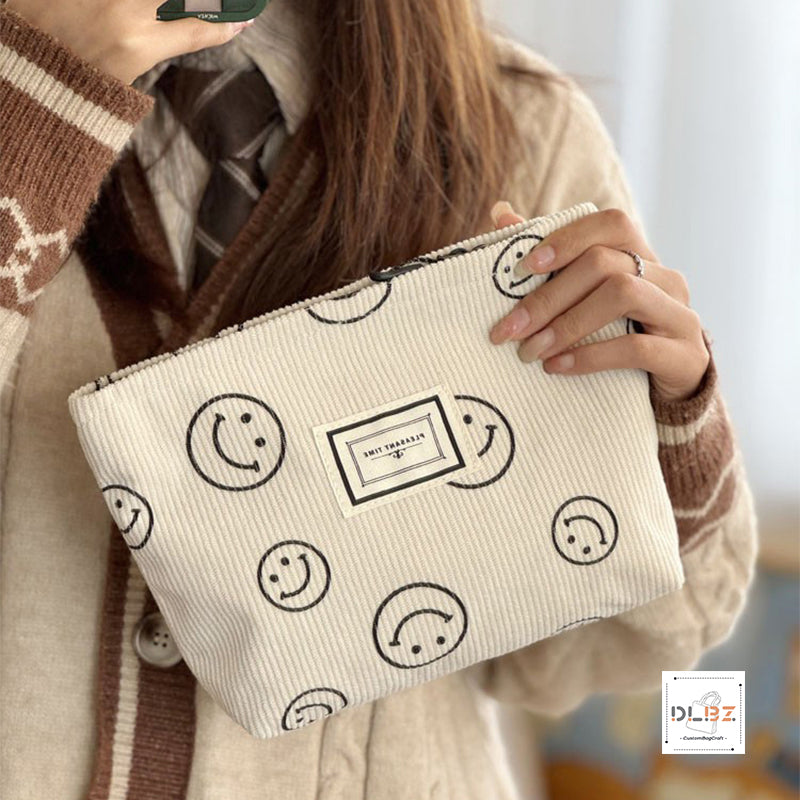 Cute Smiley Face Retro Minimalist Corduroy Cosmetic Bag, Portable Handheld Bag, Storage Pouch