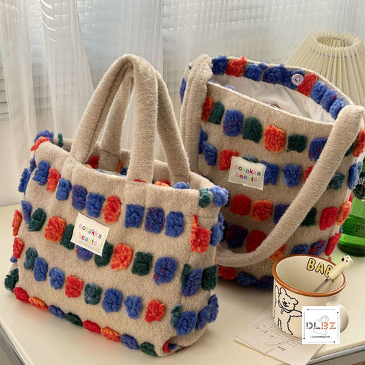 Cute and Sweet Woolen 3D Colorful Polka Dot Plush Tote Bag and Bucket Bag