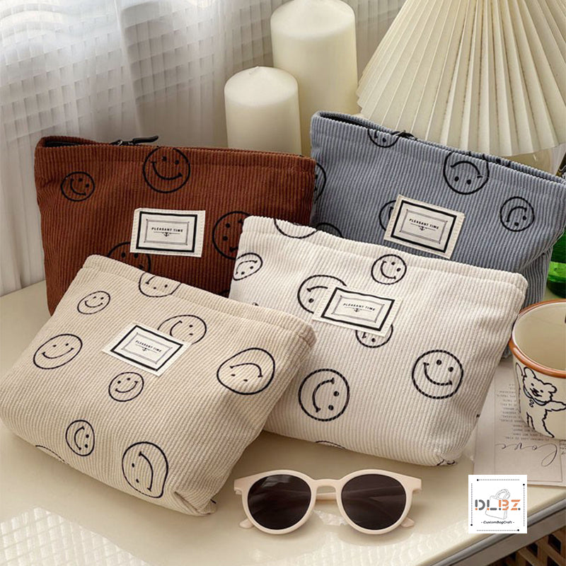 Cute Smiley Face Retro Minimalist Corduroy Cosmetic Bag, Portable Handheld Bag, Storage Pouch