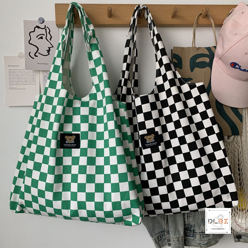 Cow pattern and checkered pattern large-capacity diagonal striped canvas tote bag, a stylish and versatile new choice