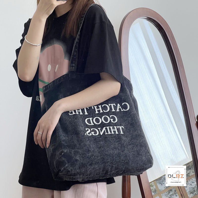 Catch The Good Things Denim Washed Extra-Large Capacity Tote Bag, Fashionable and Versatile