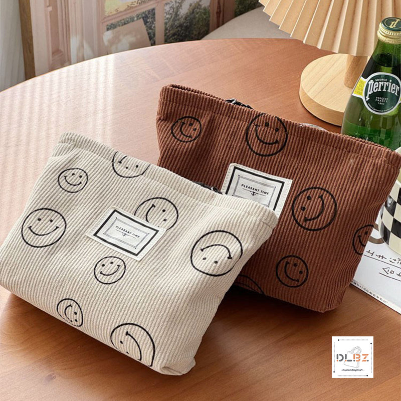 Cute Smiley Face Retro Minimalist Corduroy Cosmetic Bag, Portable Handheld Bag, Storage Pouch