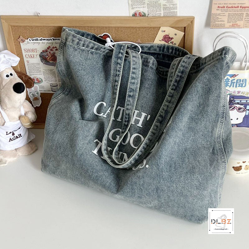 Catch The Good Things Denim Washed Extra-Large Capacity Tote Bag, Fashionable and Versatile