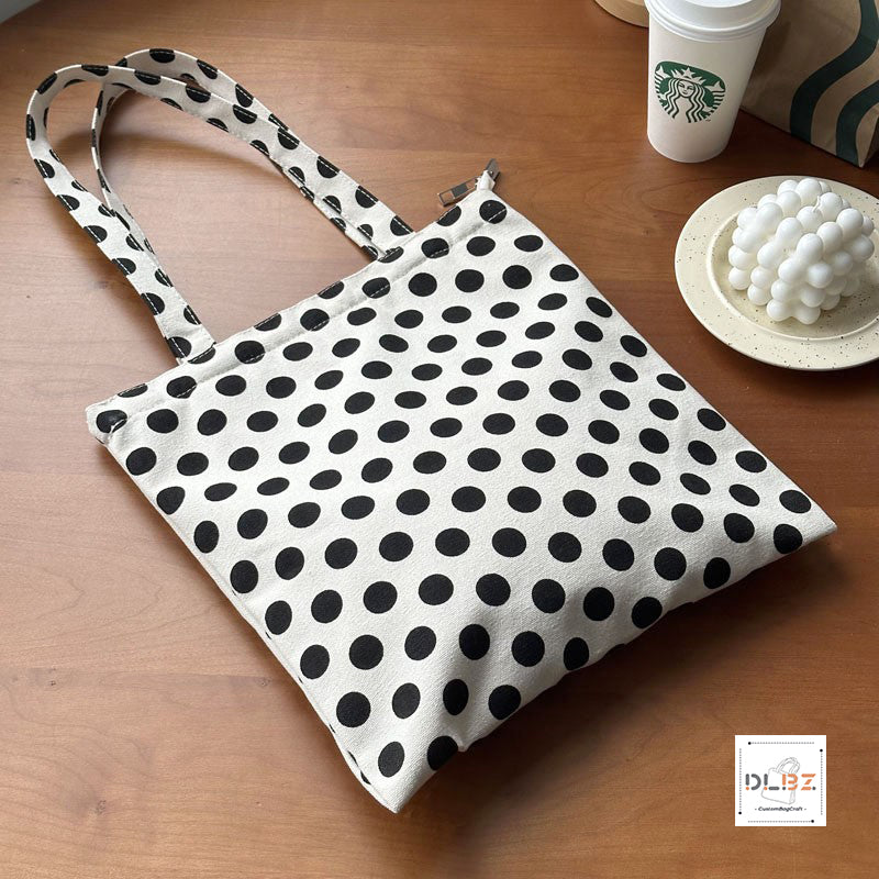 Polka Dot Black And White Pattern Canvas Tote with Zipper and Inside Pocket