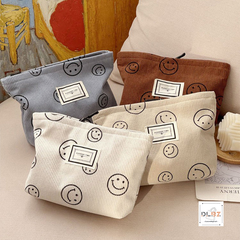 Cute Smiley Face Retro Minimalist Corduroy Cosmetic Bag, Portable Handheld Bag, Storage Pouch