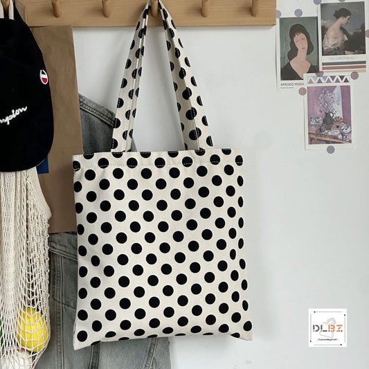 Polka Dot Black And White Pattern Canvas Tote with Zipper and Inside Pocket