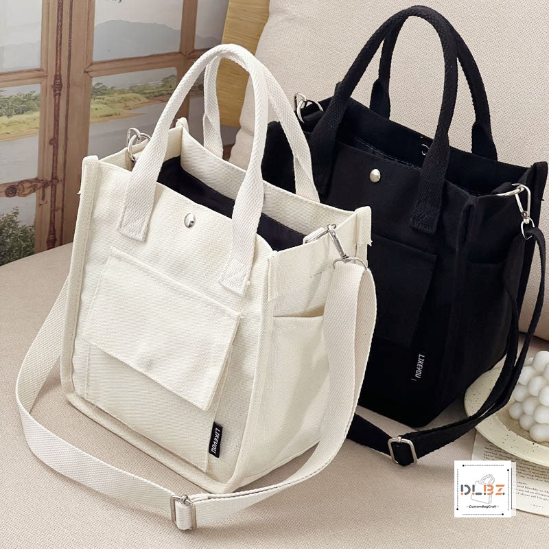 Structured Multi-Pocket Tote Canvas Bag, Handheld and Crossbody, Simple and Versatile