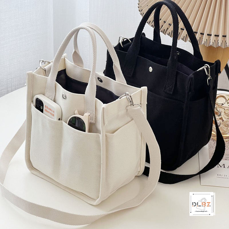 Structured Multi-Pocket Tote Canvas Bag, Handheld and Crossbody, Simple and Versatile