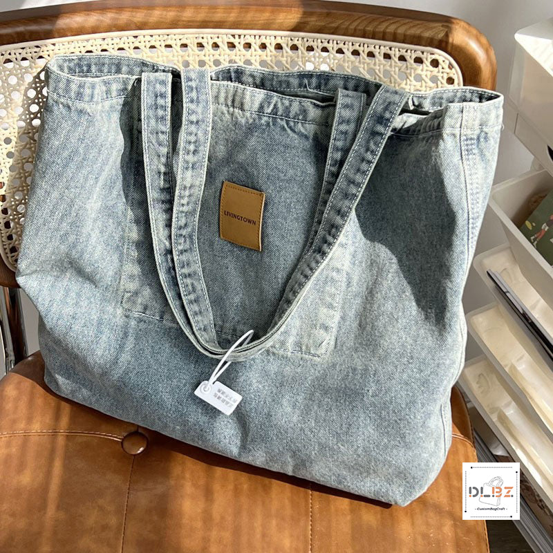 Catch The Good Things Denim Washed Extra-Large Capacity Tote Bag, Fashionable and Versatile