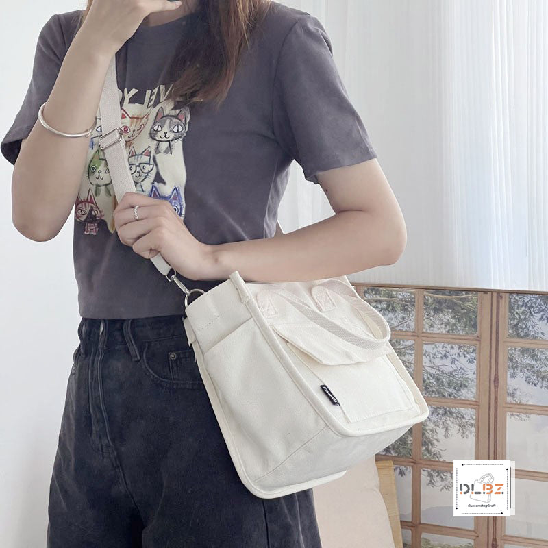 Structured Multi-Pocket Tote Canvas Bag, Handheld and Crossbody, Simple and Versatile