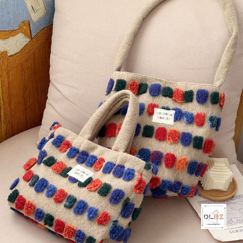 Cute and Sweet Woolen 3D Colorful Polka Dot Plush Tote Bag and Bucket Bag