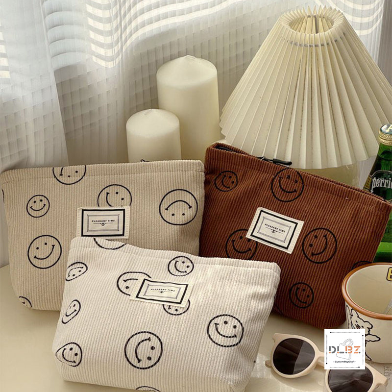 Cute Smiley Face Retro Minimalist Corduroy Cosmetic Bag, Portable Handheld Bag, Storage Pouch