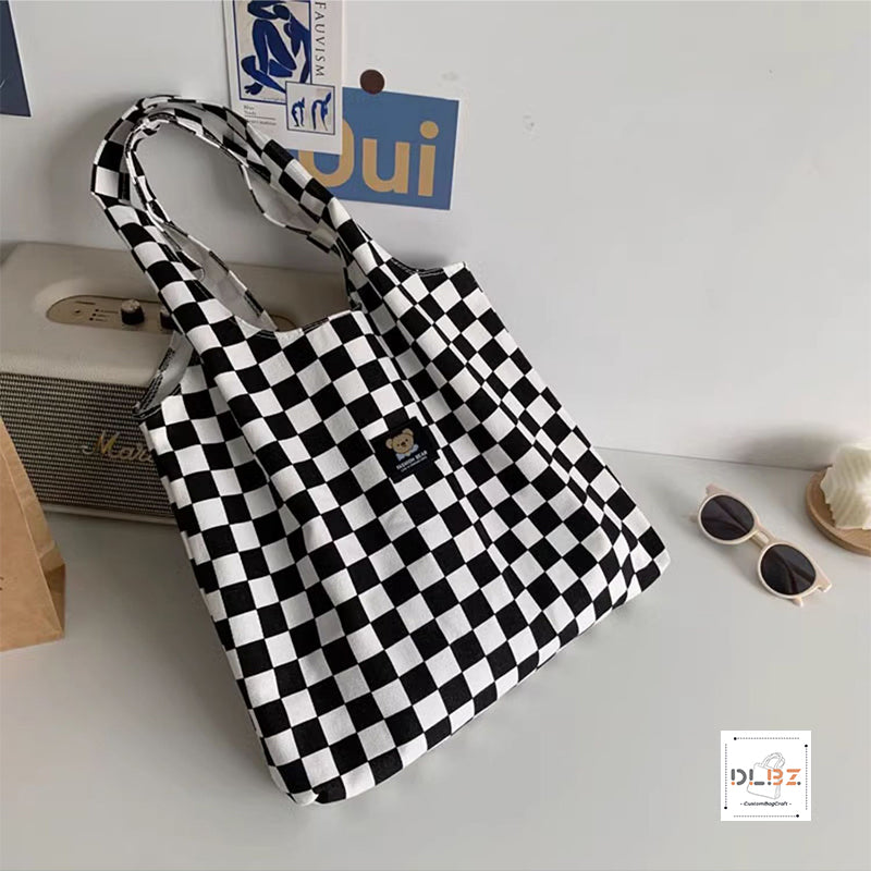 Cow pattern and checkered pattern large-capacity diagonal striped canvas tote bag, a stylish and versatile new choice