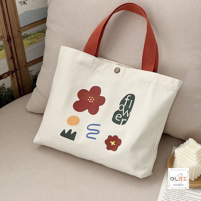 Aesthetic Cute Hand-painted Flower Canvas Handbag With Button And Inner Pocket