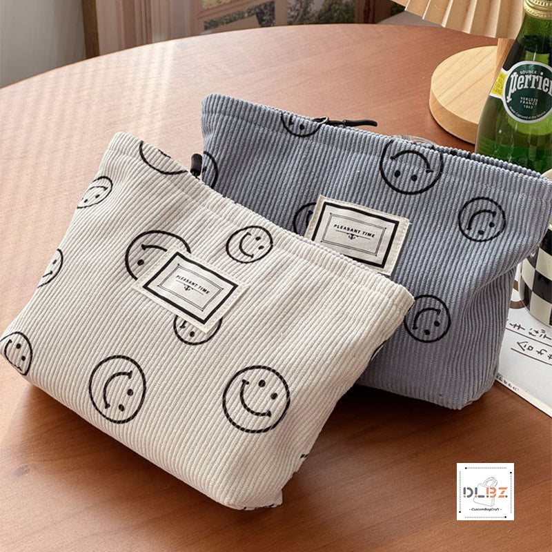 Cute Smiley Face Retro Minimalist Corduroy Cosmetic Bag, Portable Handheld Bag, Storage Pouch