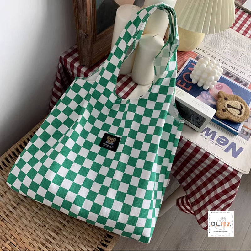 Cow pattern and checkered pattern large-capacity diagonal striped canvas tote bag, a stylish and versatile new choice