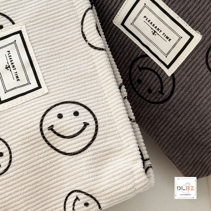 Cute Smiley Face Retro Minimalist Corduroy Cosmetic Bag, Portable Handheld Bag, Storage Pouch