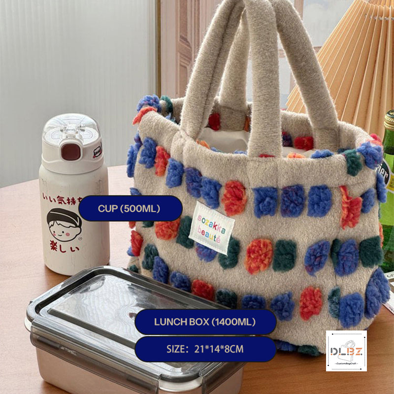 Cute and Sweet Woolen 3D Colorful Polka Dot Plush Tote Bag and Bucket Bag