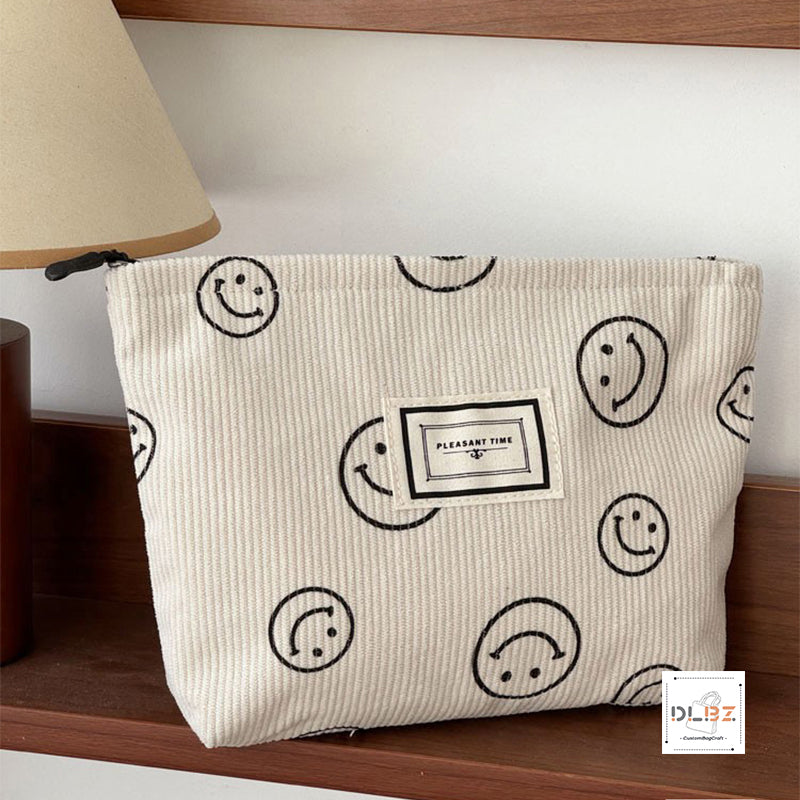 Cute Smiley Face Retro Minimalist Corduroy Cosmetic Bag, Portable Handheld Bag, Storage Pouch