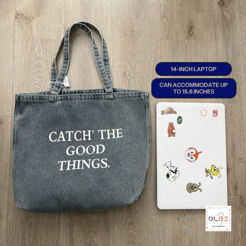 Catch The Good Things Denim Washed Extra-Large Capacity Tote Bag, Fashionable and Versatile