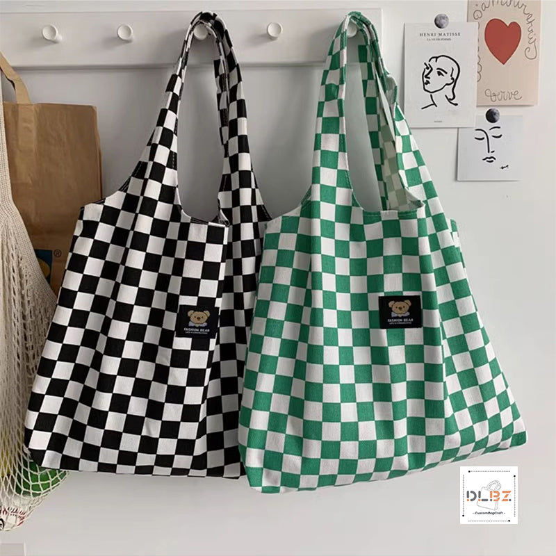 Cow pattern and checkered pattern large-capacity diagonal striped canvas tote bag, a stylish and versatile new choice