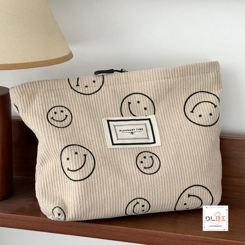 Cute Smiley Face Retro Minimalist Corduroy Cosmetic Bag, Portable Handheld Bag, Storage Pouch