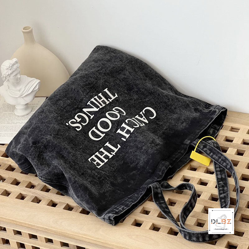 Catch The Good Things Denim Washed Extra-Large Capacity Tote Bag, Fashionable and Versatile