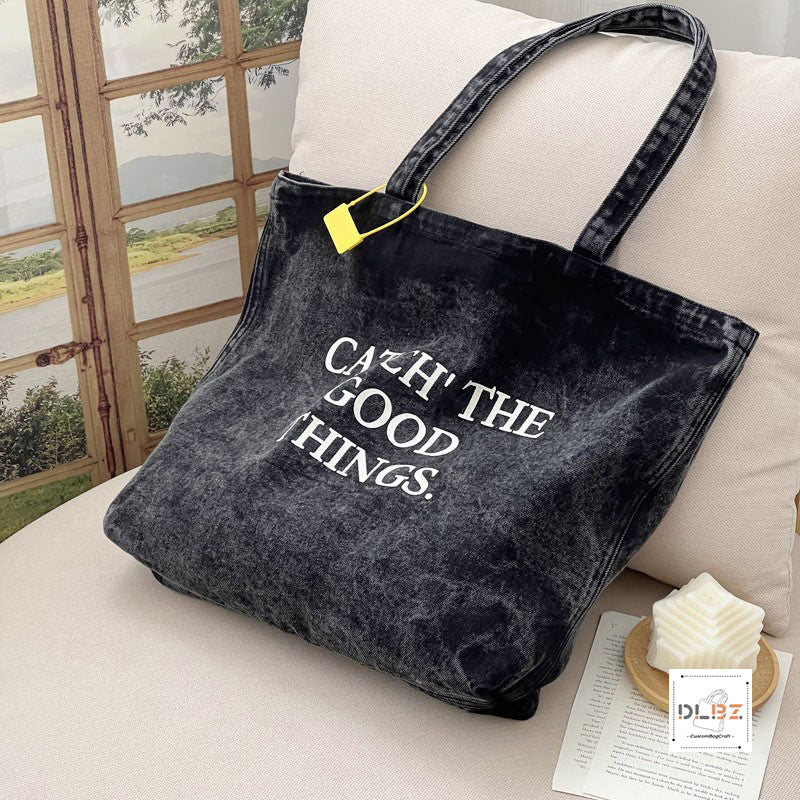 Catch The Good Things Denim Washed Extra-Large Capacity Tote Bag, Fashionable and Versatile