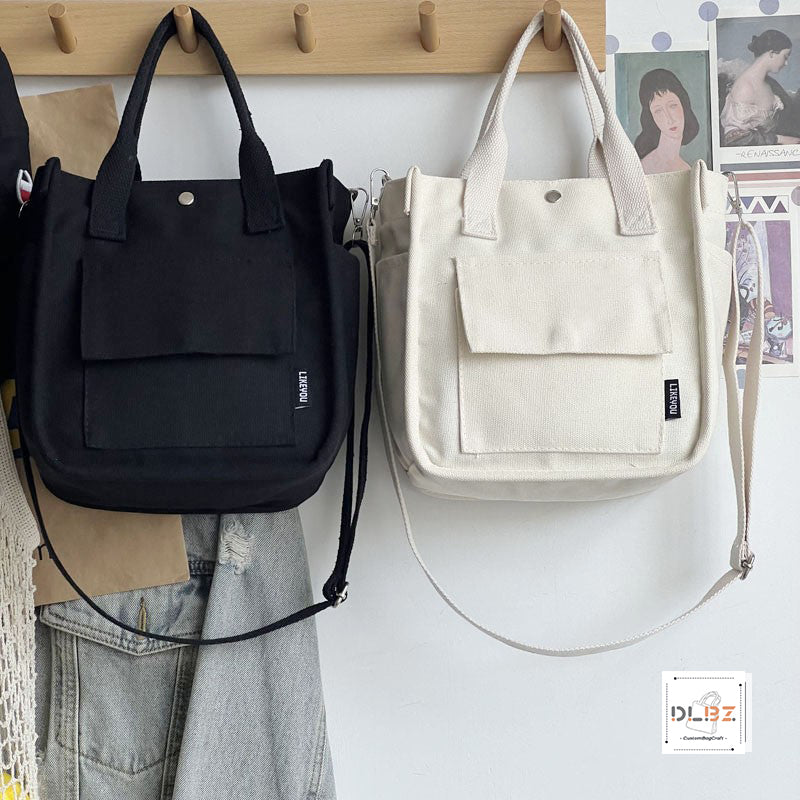 Structured Multi-Pocket Tote Canvas Bag, Handheld and Crossbody, Simple and Versatile