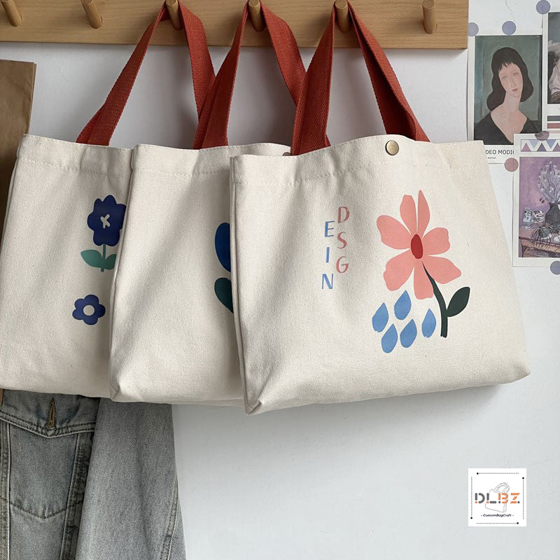 Aesthetic Cute Hand-painted Flower Canvas Handbag With Button And Inner Pocket