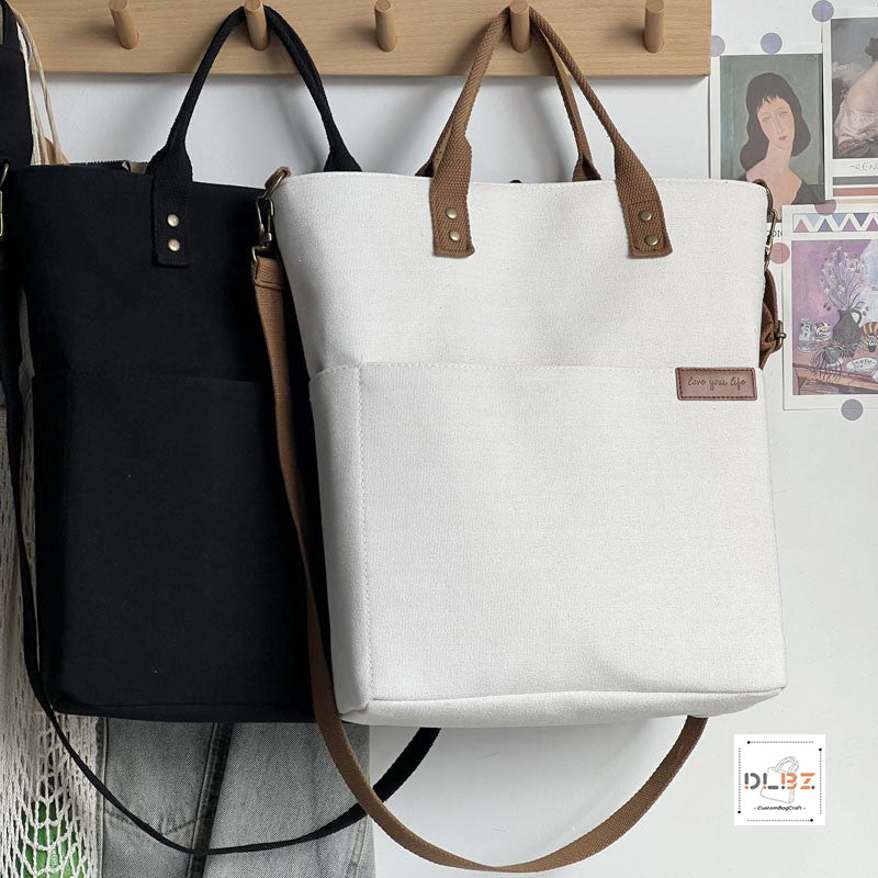 Thickened Canvas Tote Bag with Zipper, Square Shape, Can Be Worn Crossbody, Casual and Artistic