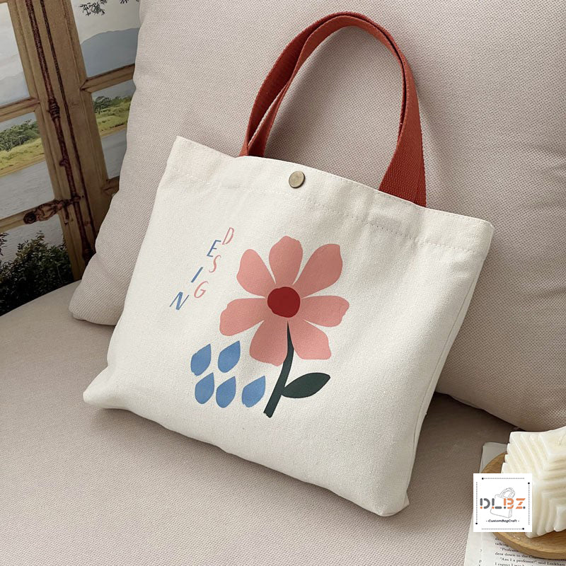 Aesthetic Cute Hand-painted Flower Canvas Handbag With Button And Inner Pocket