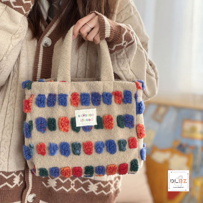 Cute and Sweet Woolen 3D Colorful Polka Dot Plush Tote Bag and Bucket Bag