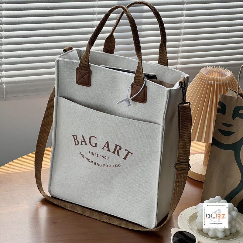 Canvas Aesthetic Tote Bag with Zipper, Outer Pocket, Top Zipper Closure