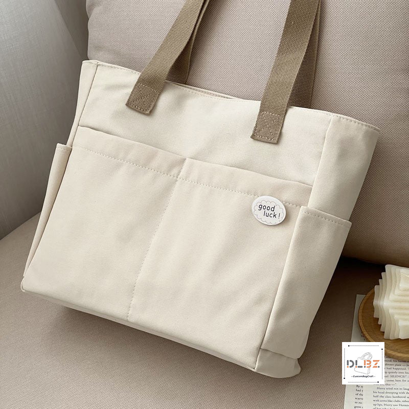 Polyester Tote Bag with External Pocket, Top Zipper Closure, Shoulder Handbag for work school