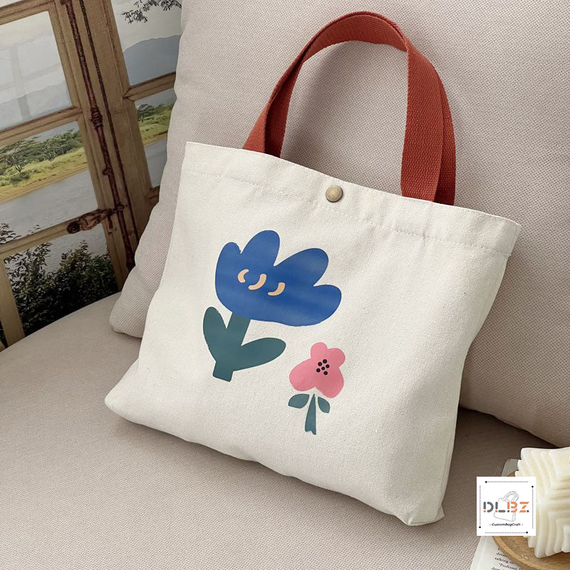 Aesthetic Cute Hand-painted Flower Canvas Handbag With Button And Inner Pocket