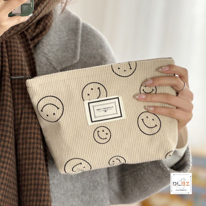 Cute Smiley Face Retro Minimalist Corduroy Cosmetic Bag, Portable Handheld Bag, Storage Pouch