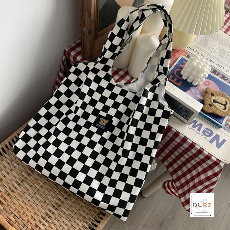 Cow pattern and checkered pattern large-capacity diagonal striped canvas tote bag, a stylish and versatile new choice