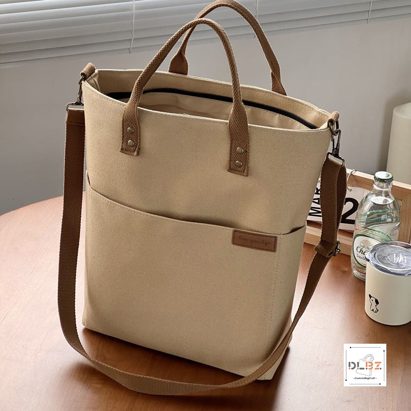 Thickened Canvas Tote Bag with Zipper, Square Shape, Can Be Worn Crossbody, Casual and Artistic