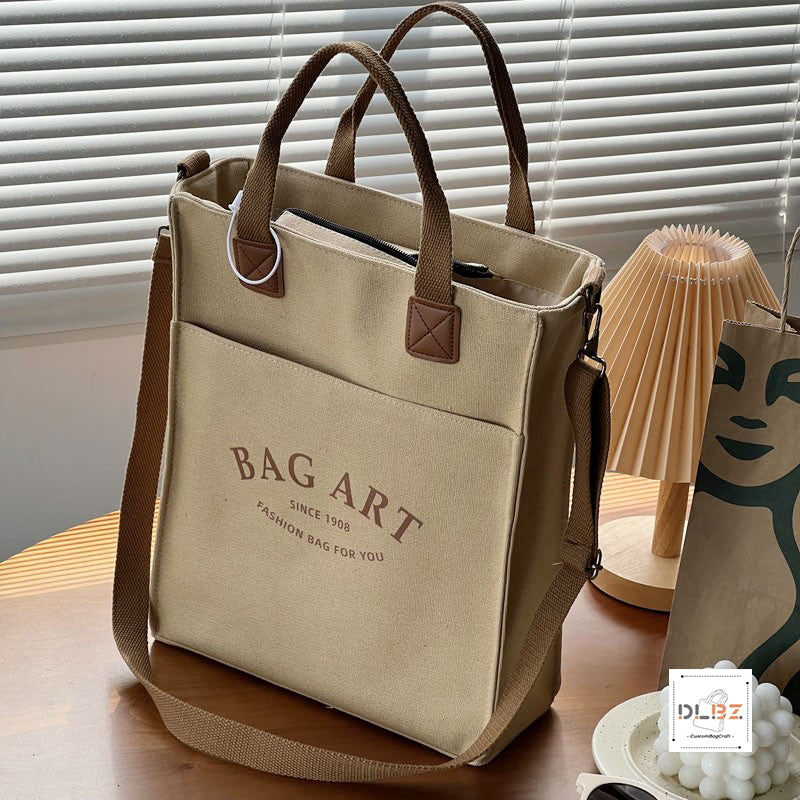 Canvas Aesthetic Tote Bag with Zipper, Outer Pocket, Top Zipper Closure