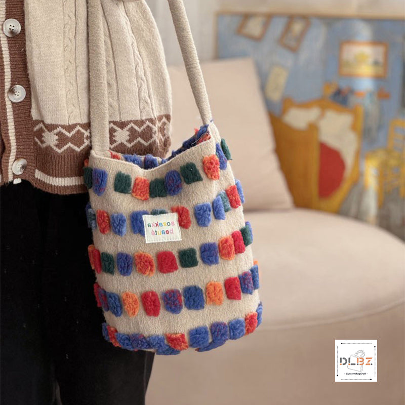 Cute and Sweet Woolen 3D Colorful Polka Dot Plush Tote Bag and Bucket Bag