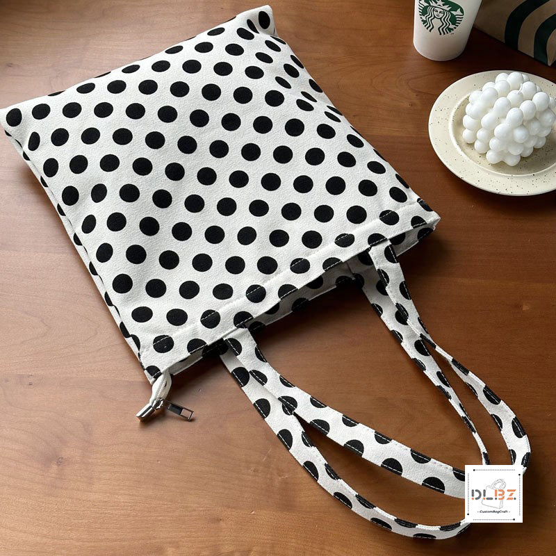 Polka Dot Black And White Pattern Canvas Tote with Zipper and Inside Pocket