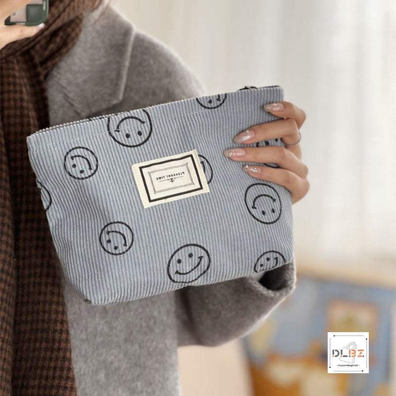 Cute Smiley Face Retro Minimalist Corduroy Cosmetic Bag, Portable Handheld Bag, Storage Pouch