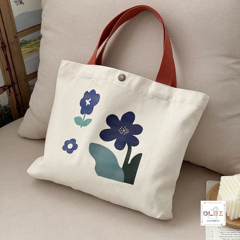 Aesthetic Cute Hand-painted Flower Canvas Handbag With Button And Inner Pocket