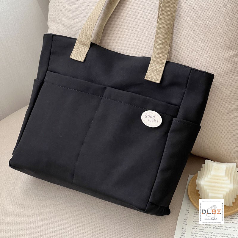 Polyester Tote Bag with External Pocket, Top Zipper Closure, Shoulder Handbag for work school